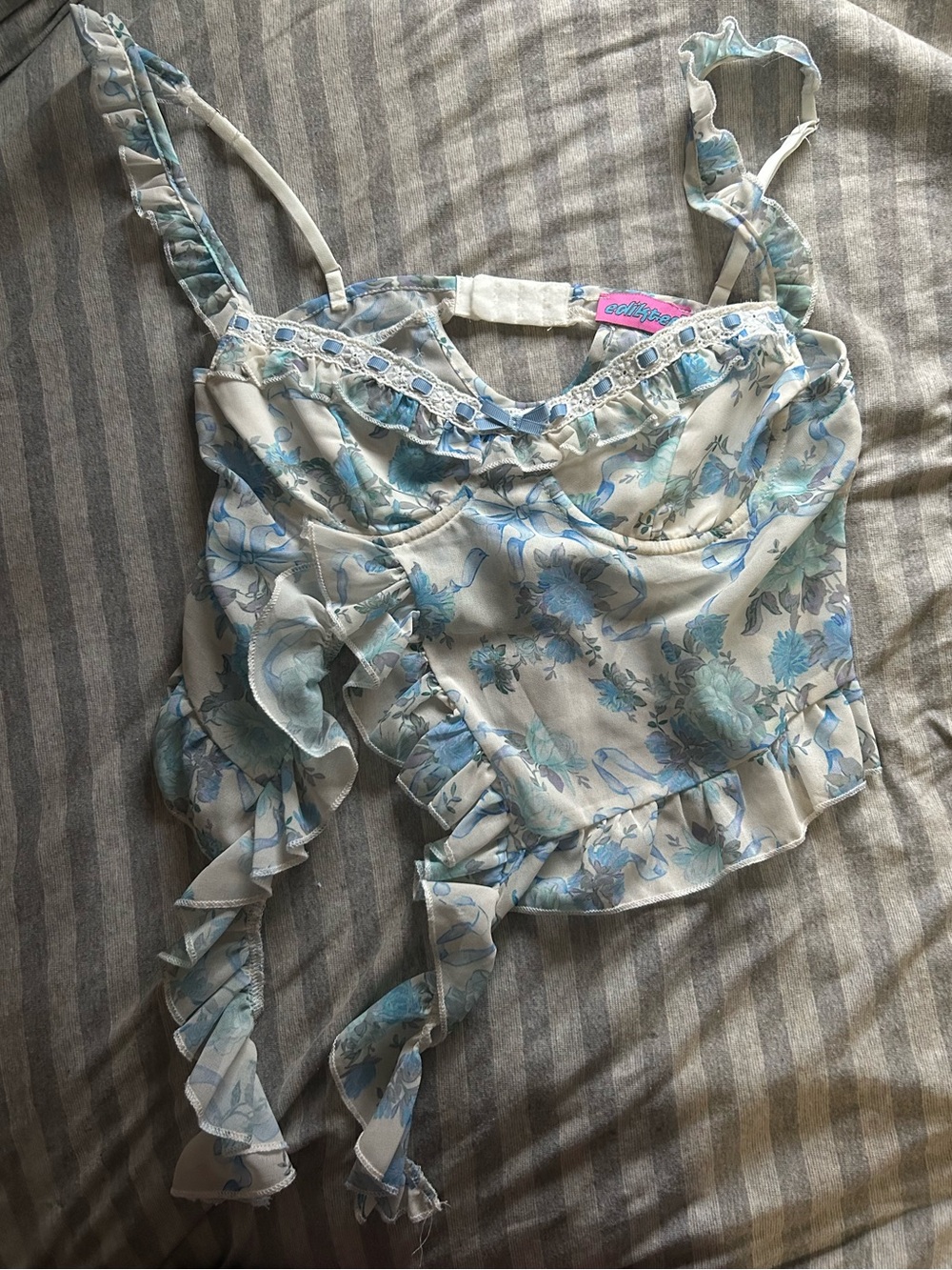 Edikted White and Light Blue Floral Ruffle Crop Top